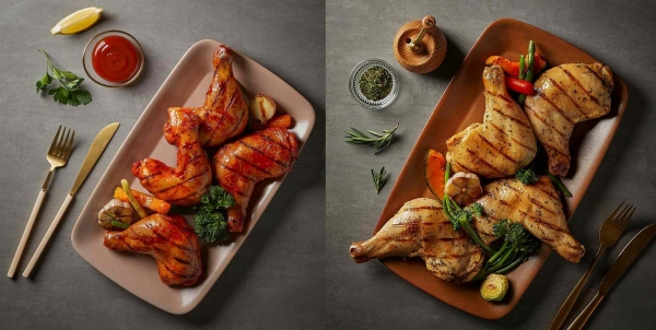 BBQ가 롯데홈쇼핑 라이브TV에서 판매하는 매달구(매콤달콤 닭날개구이)맛(왼쪽)·로스트갈릭맛 통닭다리구이(오른쪽) ㅣ BBQ
